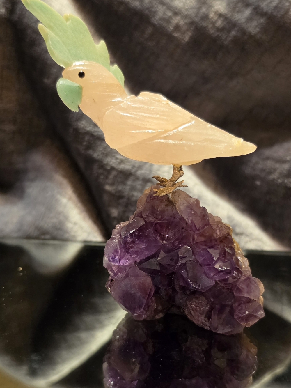 Semi precious Gemstone Vintage Carved Bird Figurine on Amethyst Rock